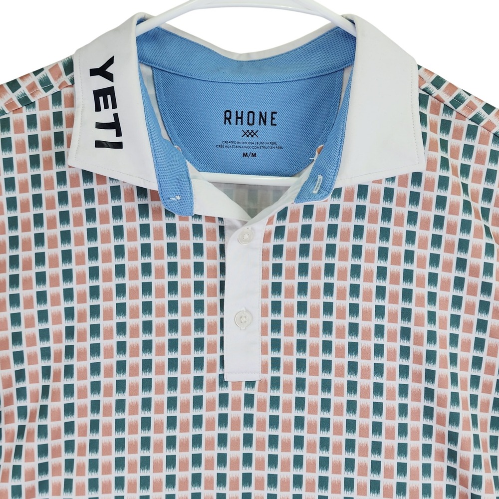 Rhone YETI Geometric Performance Polo Shirt Mens‎ Medium Green Peach Golf Sporty